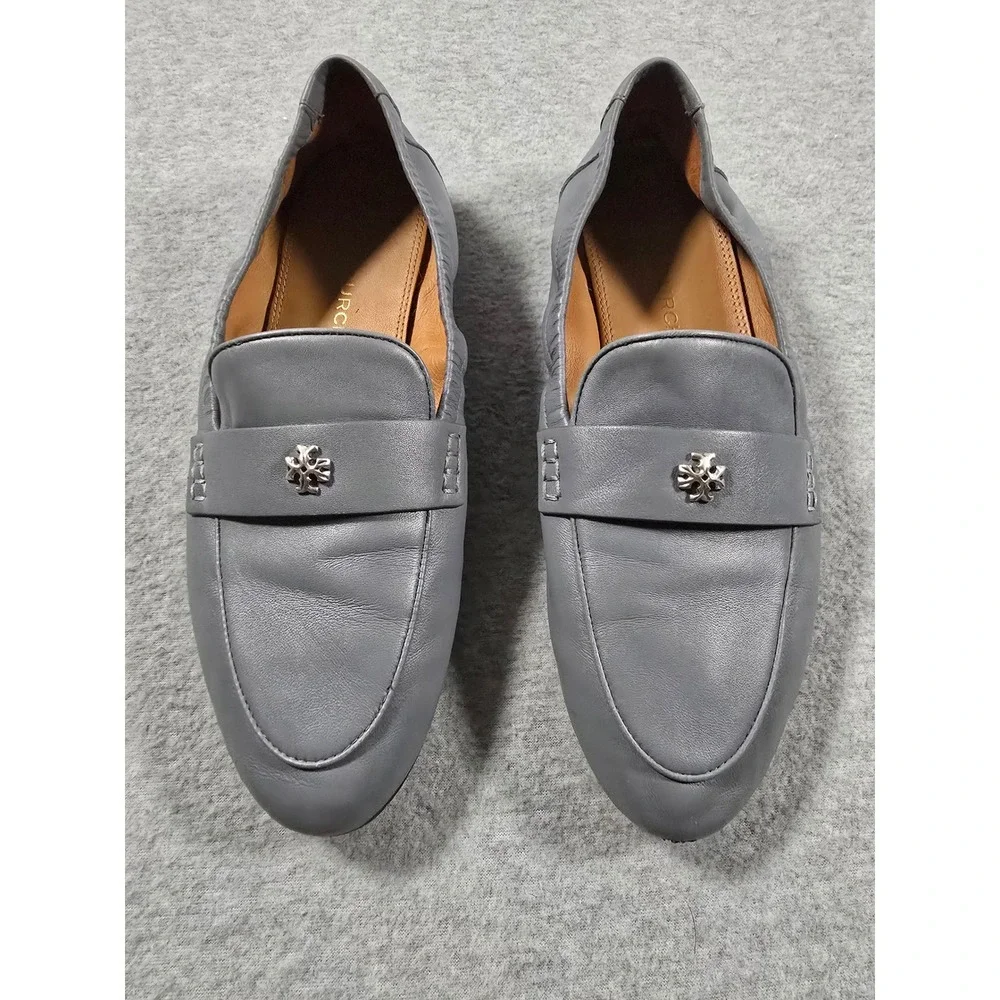 Tory Burch Jessa Grey Leather Driving Loafers Silver Horsehead Hardware Flats 9M